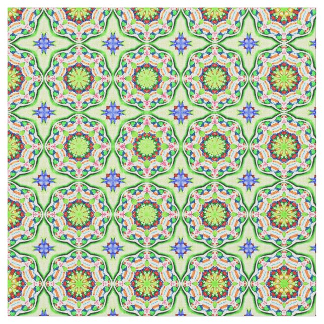 Retro geometric pattern greens and blues fabric (Close Up)