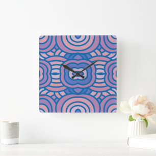 Retro Geometric Pattern in Blue and Pink Square Wall Clock