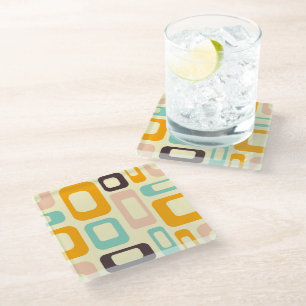 Retro geometric pattern in light beige background glass coaster