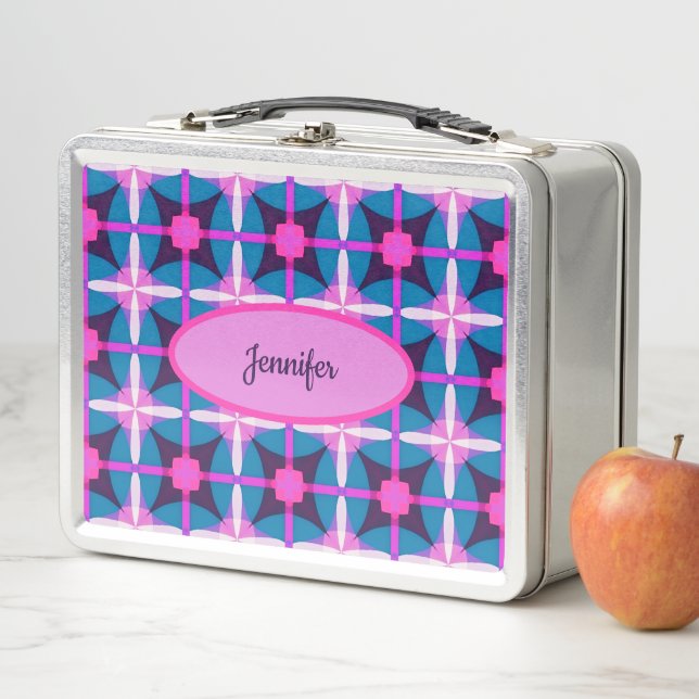 Retro Geometric Pattern in Pink, Purple & Blue |  Metal Lunch Box (In Situ)