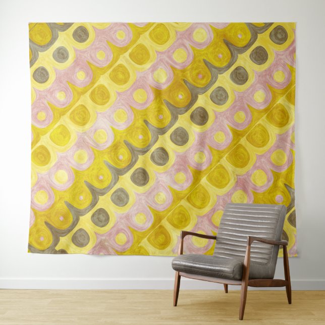 Retro Geometric Pattern in Yellow and Pink Tapestry (In Situ (Horizontal))