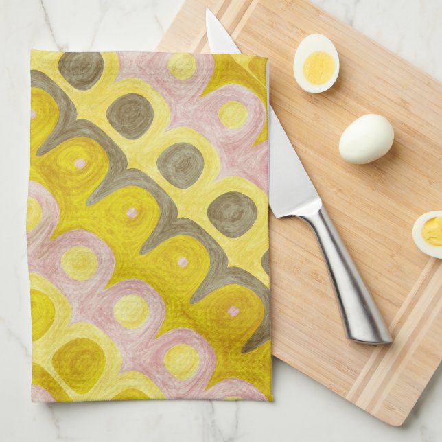 Retro Geometric Pattern in Yellow and Pink Tea Towel (Quarter Fold)
