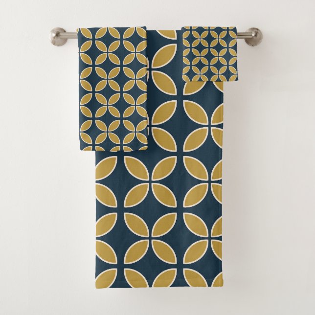 Retro Geometric Pattern Navy, Mustard Bath Towel Set (Insitu)