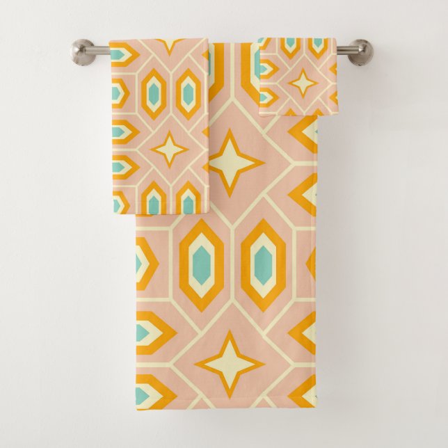 Retro geometric pattern with hexagons and stars bath towel set (Insitu)