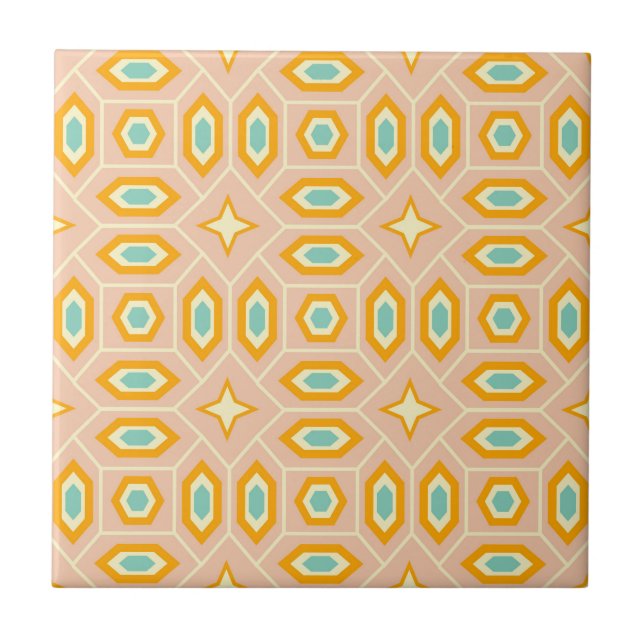 Retro geometric pattern with hexagons and stars ceramic tile (Front)