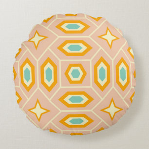 Retro geometric pattern with hexagons and stars round cushion