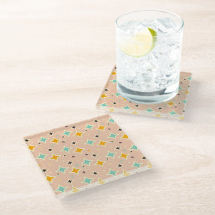 Retro geometric pattern with teal, orange, black glass coaster