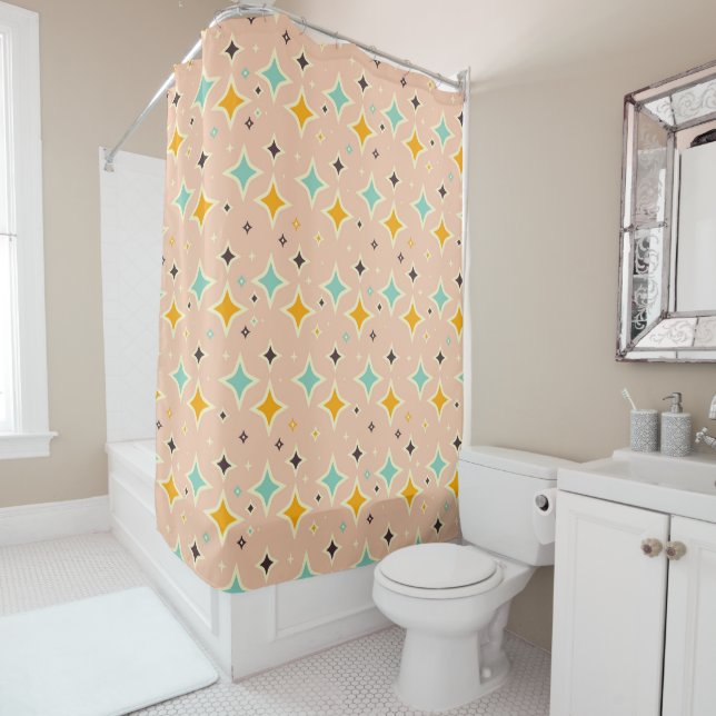 Retro geometric pattern with teal, orange, black shower curtain (In Situ)
