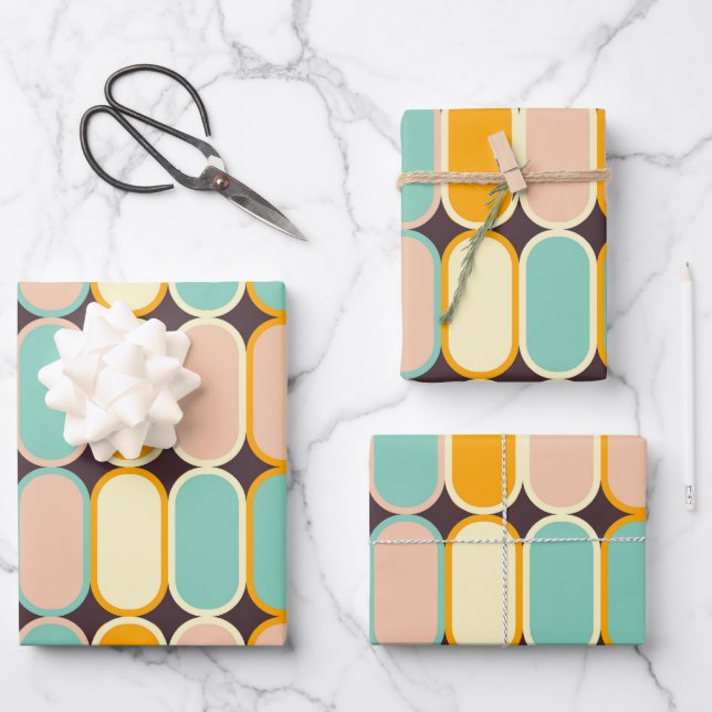 Retro geometric pattern with vertical ovals wrapping paper sheet (Front)