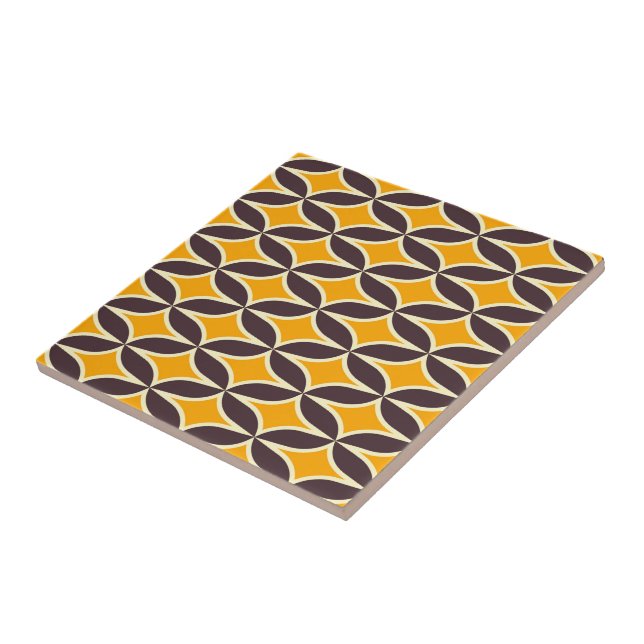 Retro geometric pattern yellow and brown leaf ceramic tile (Side)