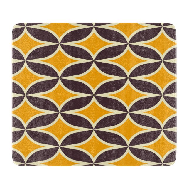 Retro geometric pattern yellow and brown leaf cutting board (Front)