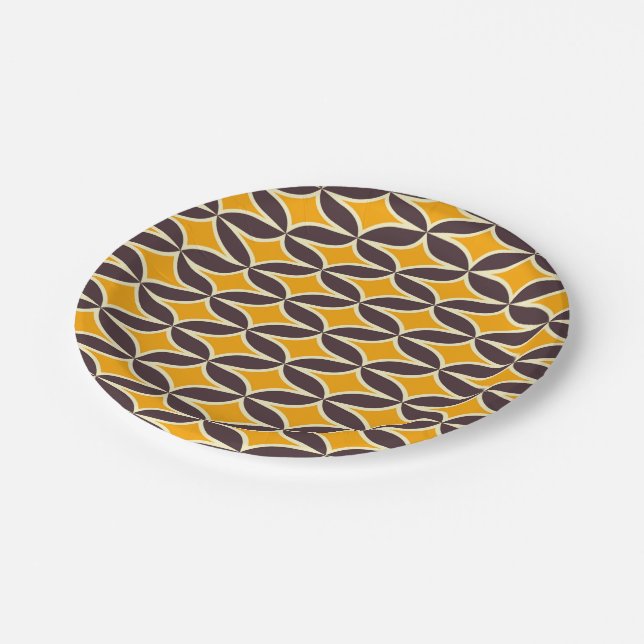 Retro geometric pattern yellow and brown leaf paper plate (Angled)