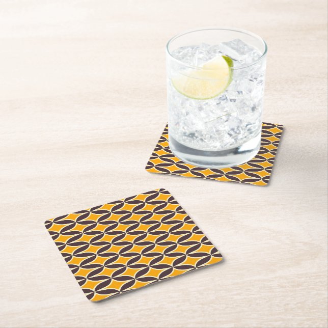 Retro geometric pattern yellow and brown leaf square paper coaster (Insitu)
