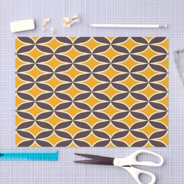 Retro geometric pattern yellow and brown leaf tissue paper (Craft)