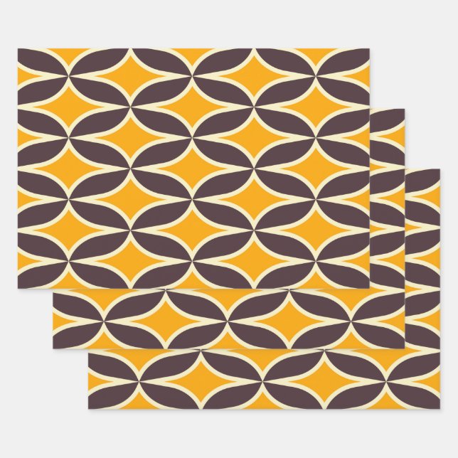 Retro geometric pattern yellow and brown leaf wrapping paper sheet (Set)