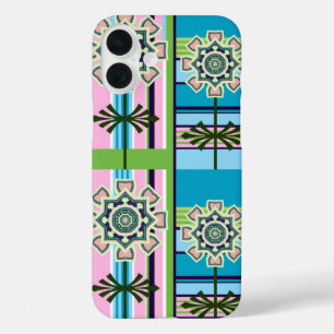 Retro geometric patterns and fantasy flowers iPhone 16 plus case