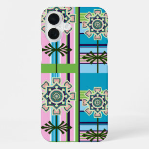 Retro geometric patterns and fantasy flowers iPhone 16 plus case