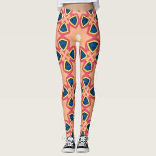 Retro Geometric Peach Blue Pink Pattern Leggings