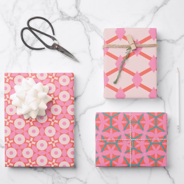 Retro Geometric Pink Mid-Century Modern Wrapping Paper Sheet (Front)