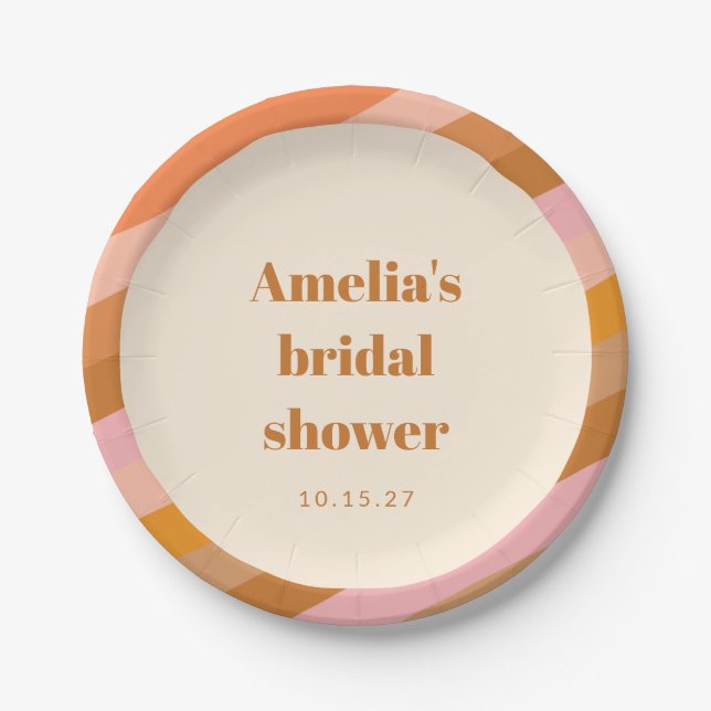Retro Geometric Pink Orange Custom Bridal Shower Paper Plate (Front)