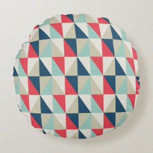 Retro Geometric Red and Blue Triangles Pattern Round Cushion