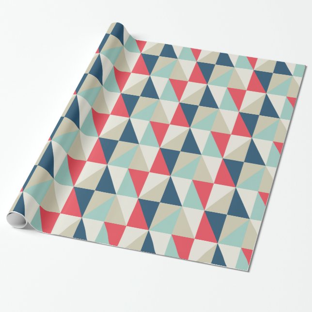 Retro Geometric Red and Blue Triangles Pattern Wrapping Paper (Unrolled)