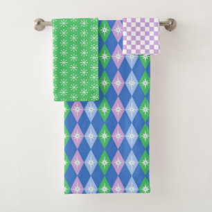 Retro Geometric Scandi Diamonds Blue & Green Bath Towel Set
