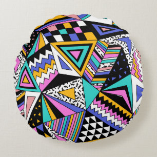 Retro Geometric Shapes: Colourful Vintage. Round Cushion
