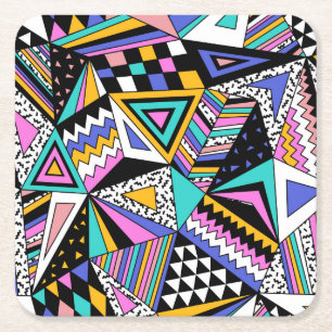 Retro Geometric Shapes: Colourful Vintage. Square Paper Coaster