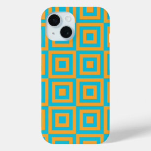 Retro Geometric Square Pattern – Bold Orange iPhone 15 Case