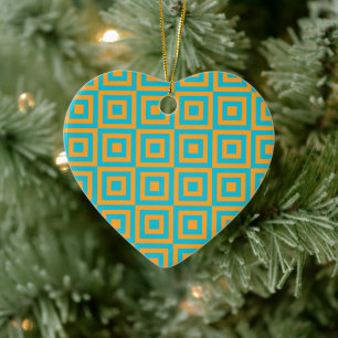Retro Geometric Square Pattern – Bold Orange Ceramic Ornament