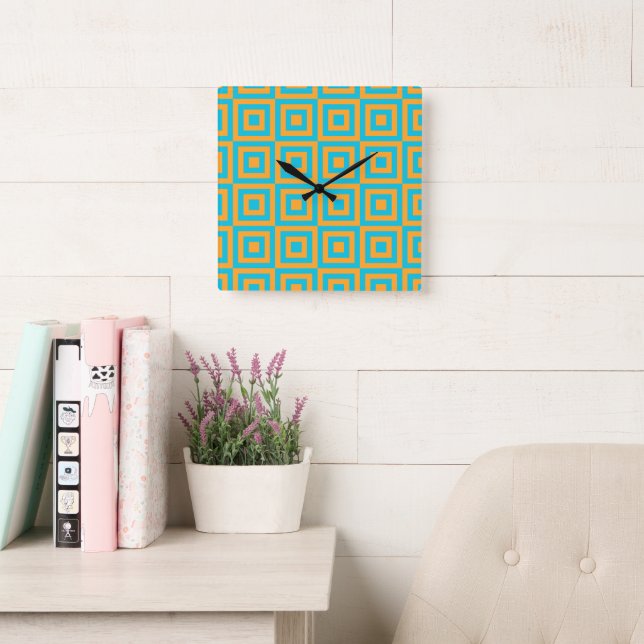 Retro Geometric Square Pattern – Bold Orange  Wall Clock (Reading Room)