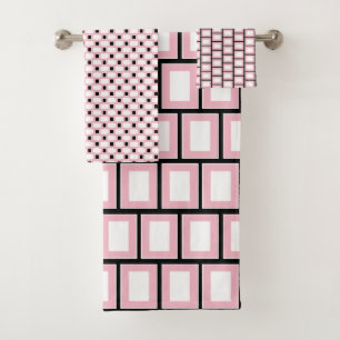 Retro Geometric Square Tiled Pink White Pattern Bath Towel Set