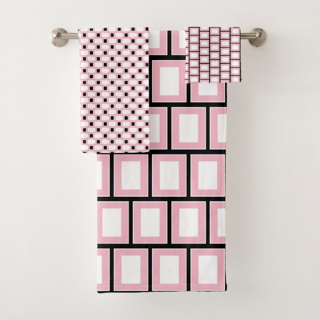 Retro Geometric Square Tiled Pink White Pattern Bath Towel Set (Insitu)