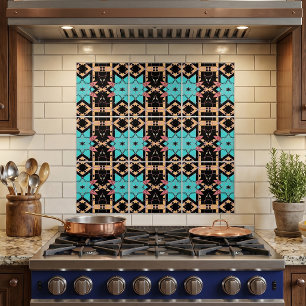 Retro Geometric Teal and Pink Star Pattern Ceramic Tile