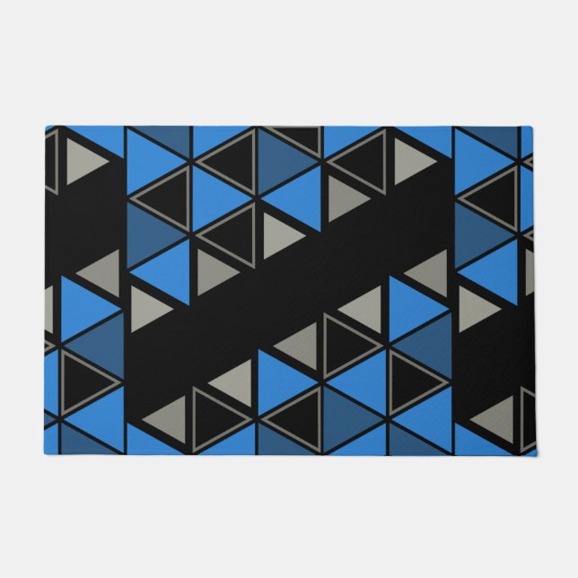 Retro Geometric Triangles Blue Silver Doormat (Front)