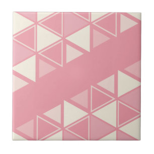 Retro Geometric Triangles Pink Vanilla Ceramic Tile