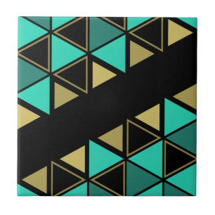 Retro Geometric Triangles Turquoise Gold Ceramic Tile