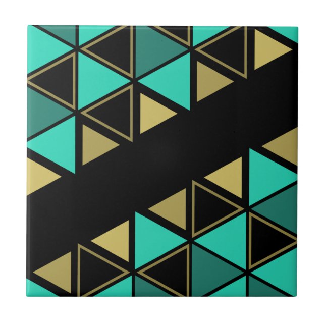 Retro Geometric Triangles Turquoise Gold Ceramic Tile (Front)
