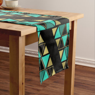 Retro Geometric Triangles Turquoise Gold Short Table Runner
