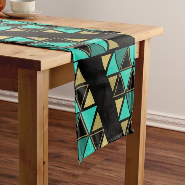 Retro Geometric Triangles Turquoise Gold Short Table Runner (In Situ)