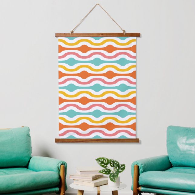 Retro Geometric Waves Orange Pink Turquoise Yellow Hanging Tapestry (Living Room)