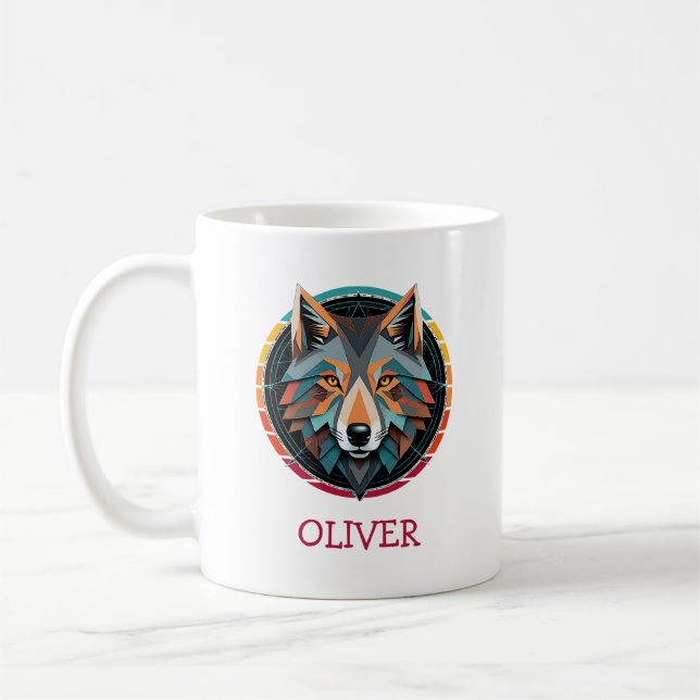 Retro Geometric Wolf Head Personalised Mug (Left)
