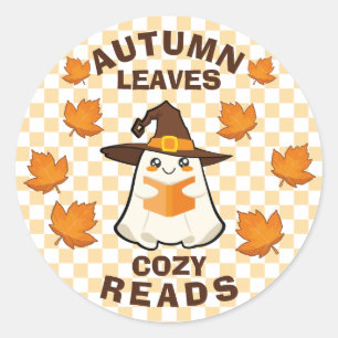 Retro Ghost Autumn Leaves Cosy Reads Halloween Classic Round Sticker