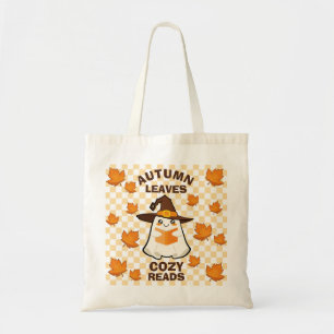 Retro Ghost Autumn Leaves Cosy Reads Halloween Tote Bag