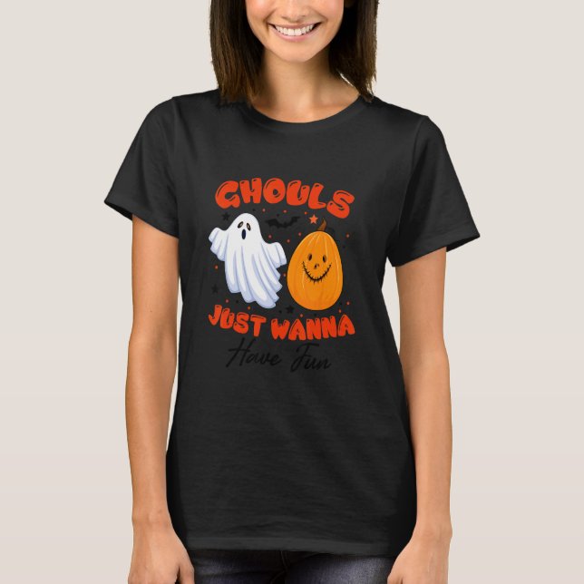 Retro Ghost Boo And Pumpkin  Ghouls Just Wanna Hav T-Shirt (Front)