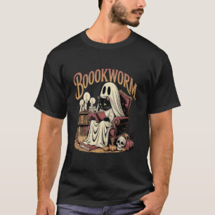 Retro Ghost Cat Reading Books Librarian Halloween T-Shirt