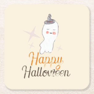 Retro Ghost Doodle Halloween Birthday Party Square Paper Coaster