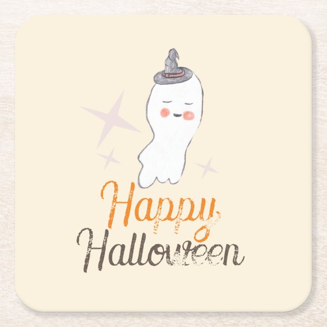Retro Ghost Doodle Halloween Birthday Party     Square Paper Coaster (Front)