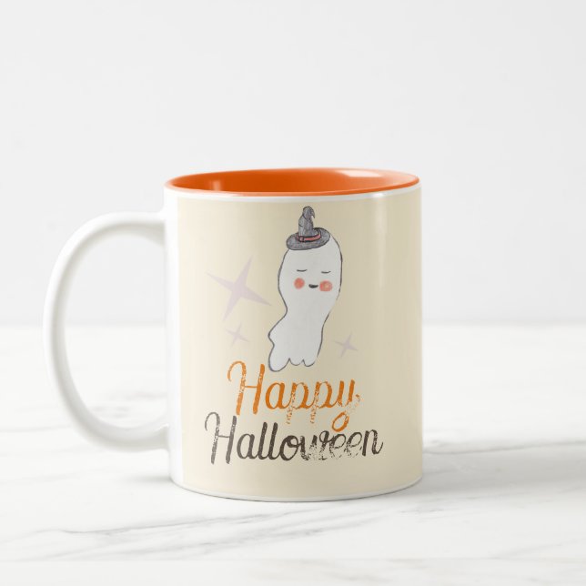 Retro Ghost Doodle Halloween Design Two-Tone Coffee Mug (Left)